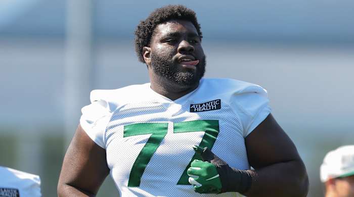 Jets tackle Mekhi Becton during 2021 training camp.
